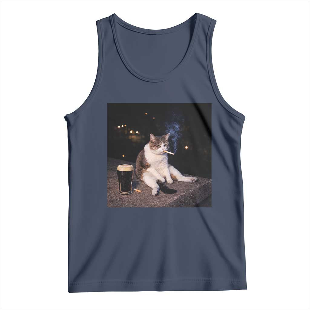 Funny Cigarette And Drinking Irish Stout Beer Cat Meme Tank Top TS11 Navy Print Your Wear