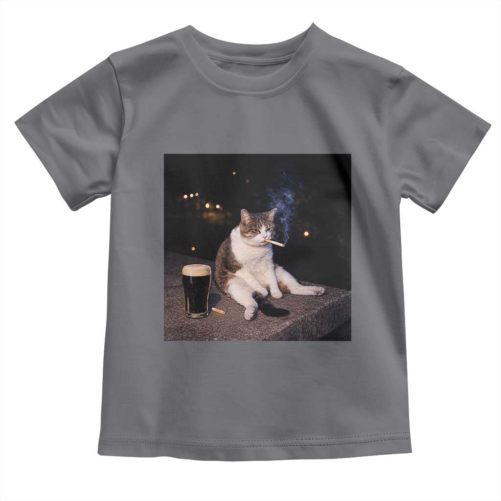 Funny Cigarette And Drinking Irish Stout Beer Cat Meme Toddler T Shirt TS11 Charcoal Print Your Wear
