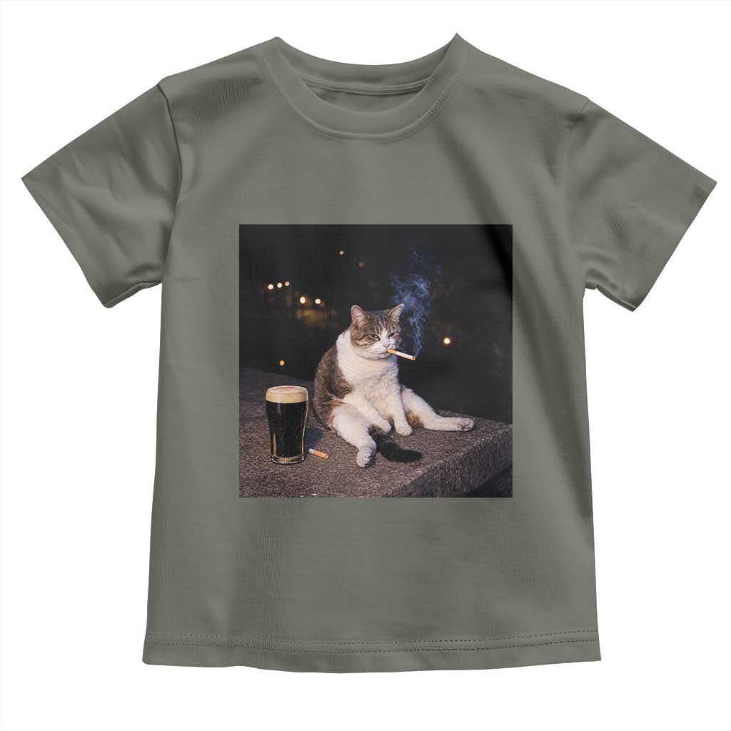 Funny Cigarette And Drinking Irish Stout Beer Cat Meme Toddler T Shirt TS11 Military Green Print Your Wear