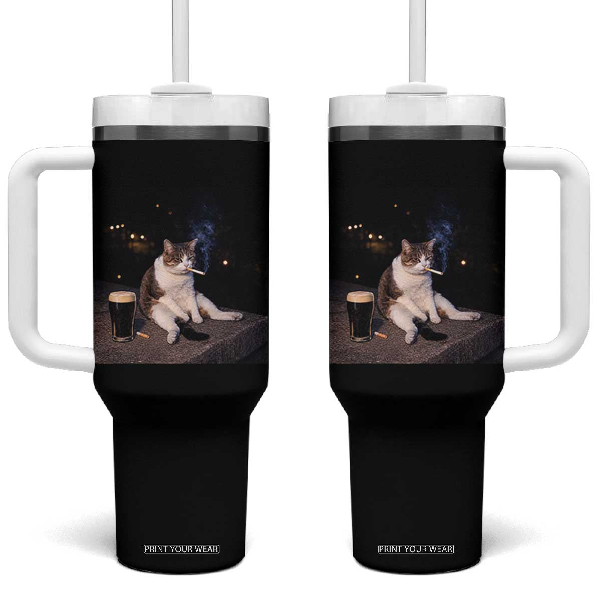 Funny Cigarette And Drinking Irish Stout Beer Cat Meme Tumbler With Handle TS11 One Size: 40 oz Black Print Your Wear