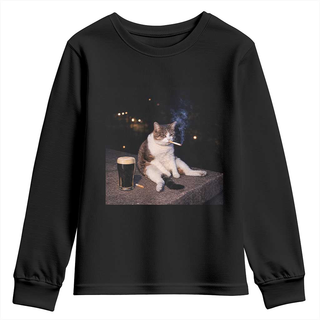 Funny Cigarette And Drinking Irish Stout Beer Cat Meme Youth Sweatshirt TS11 Black Print Your Wear