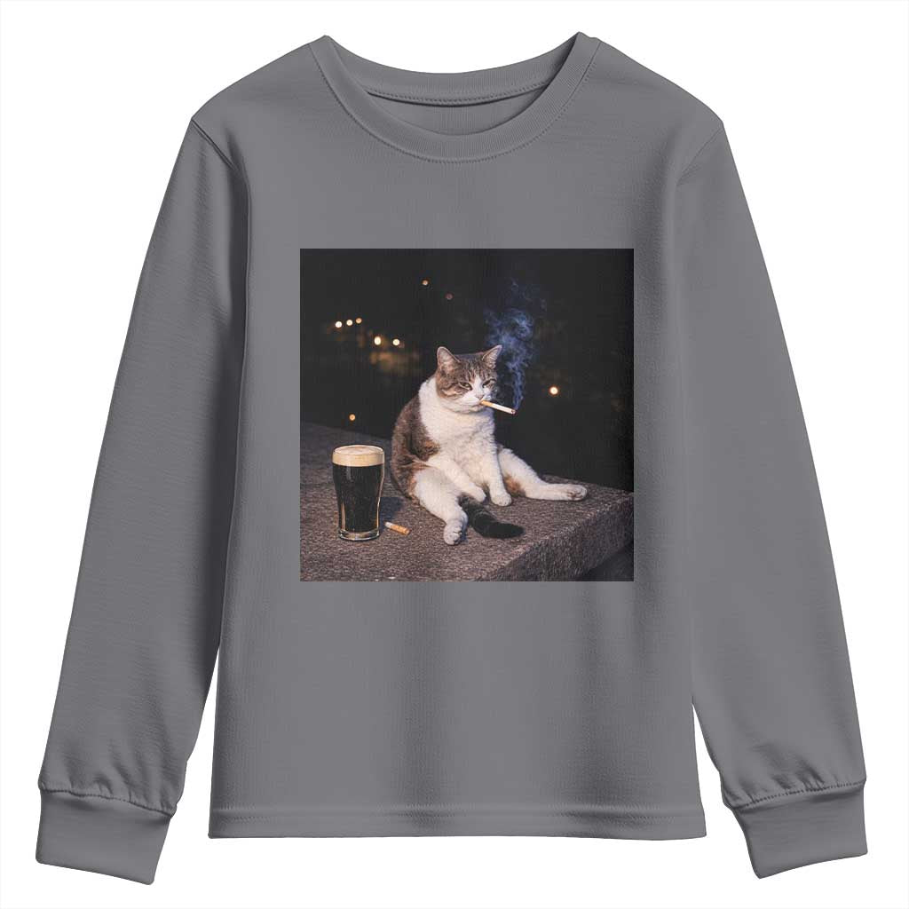Funny Cigarette And Drinking Irish Stout Beer Cat Meme Youth Sweatshirt TS11 Charcoal Print Your Wear
