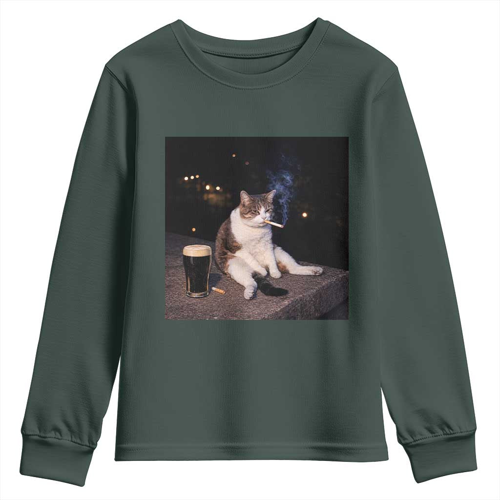 Funny Cigarette And Drinking Irish Stout Beer Cat Meme Youth Sweatshirt TS11 Dark Forest Green Print Your Wear