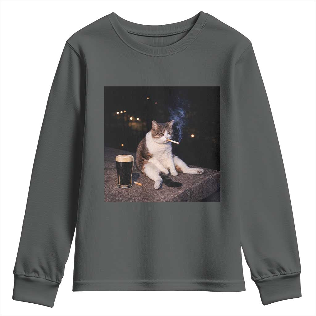 Funny Cigarette And Drinking Irish Stout Beer Cat Meme Youth Sweatshirt TS11 Dark Heather Print Your Wear