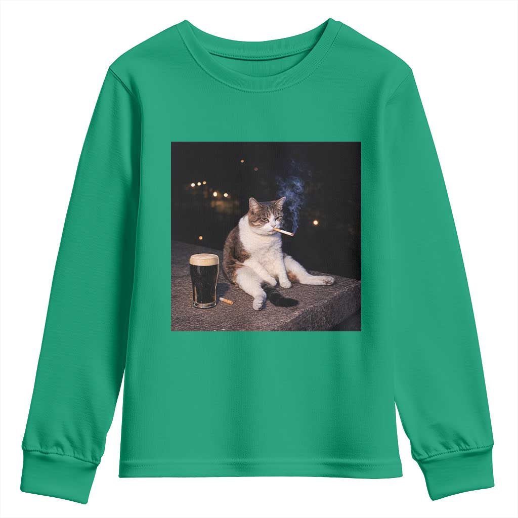 Funny Cigarette And Drinking Irish Stout Beer Cat Meme Youth Sweatshirt TS11 Irish Green Print Your Wear