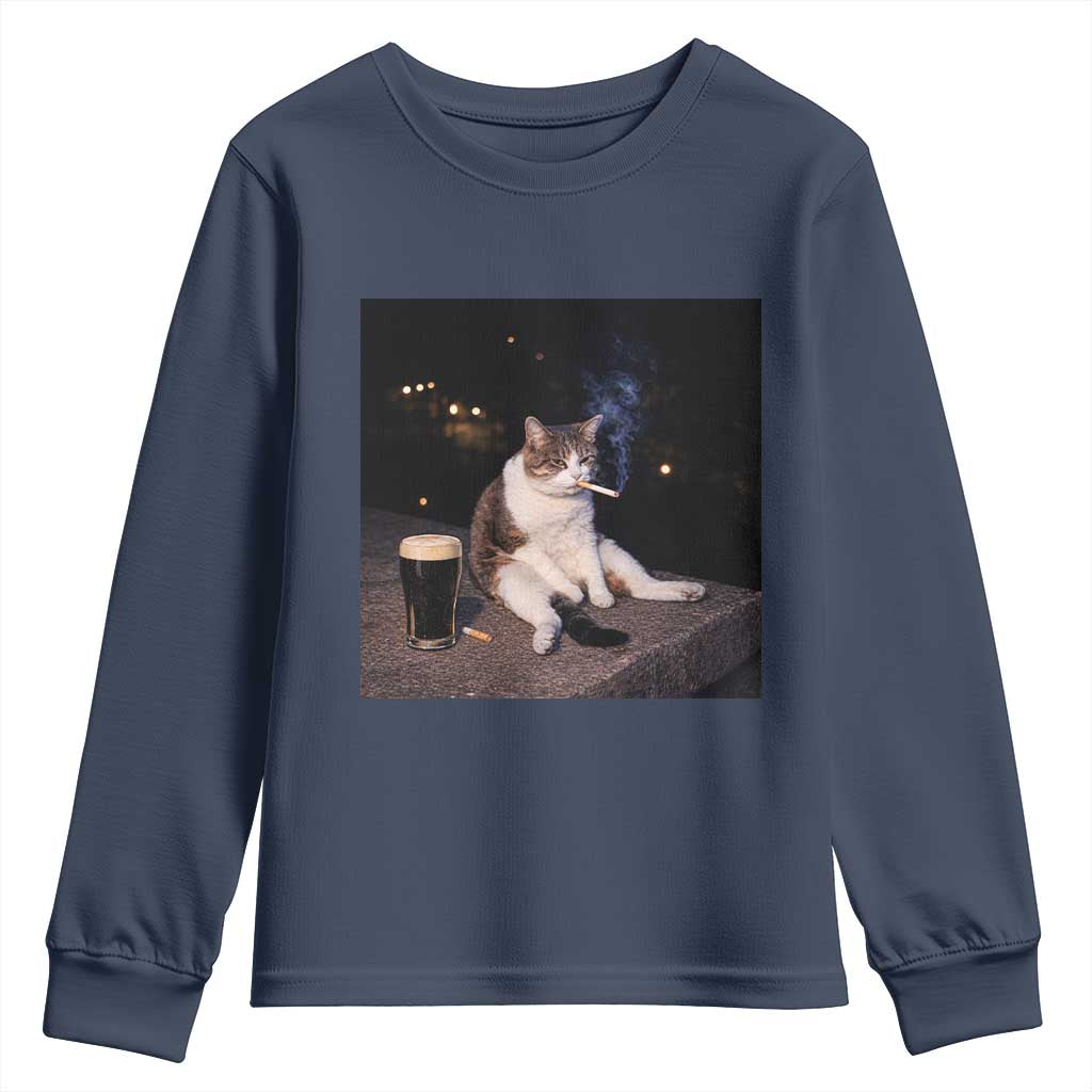 Funny Cigarette And Drinking Irish Stout Beer Cat Meme Youth Sweatshirt TS11 Navy Print Your Wear