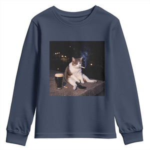 Funny Cigarette And Drinking Irish Stout Beer Cat Meme Youth Sweatshirt TS11 Navy Print Your Wear