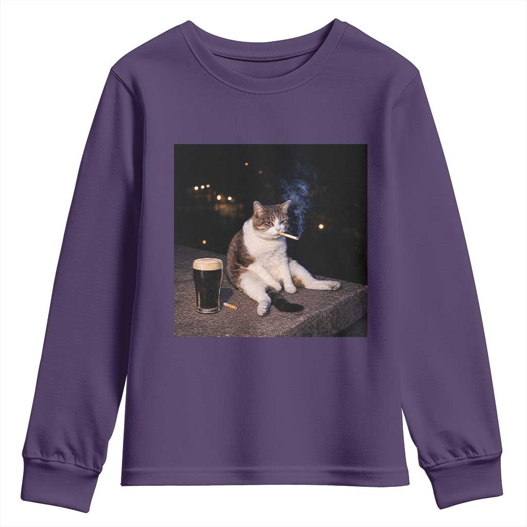 Funny Cigarette And Drinking Irish Stout Beer Cat Meme Youth Sweatshirt TS11 Purple Print Your Wear