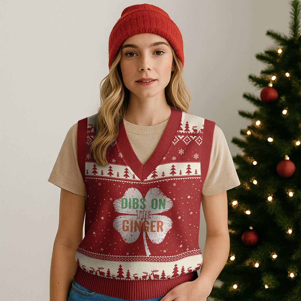 Funny St Patricks Day Dibs On The Ginger V-Neck Knit Sweater Vest Irish Redhead Shamrock TS11 Red Beige Print Your Wear