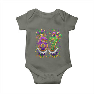 Funny 67 Mardi Gras Baby Onesie Six Seven Meme Carnival Hand Gesture TS11 Military Green Print Your Wear