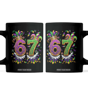 Funny 67 Mardi Gras Coffee Mug Six Seven Meme Carnival Hand Gesture TS11 Black Print Your Wear