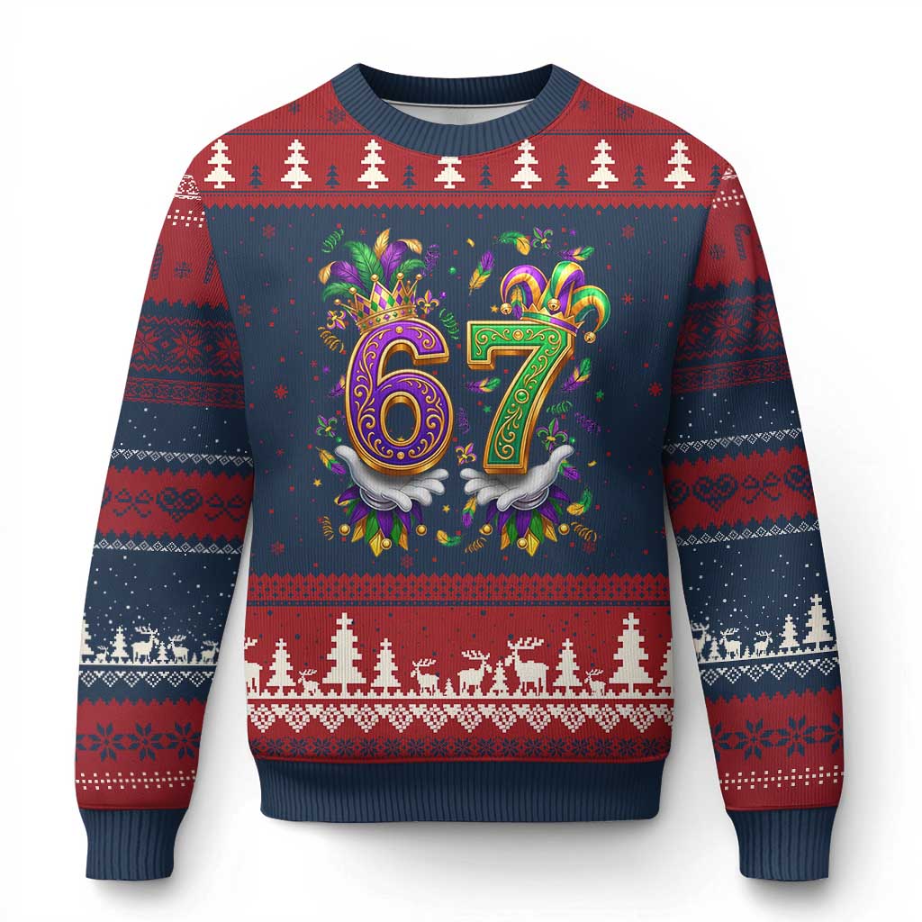 Funny 67 Mardi Gras Ugly Christmas Sweater Six Seven Meme Carnival Hand Gesture TS11 Navy Red Print Your Wear