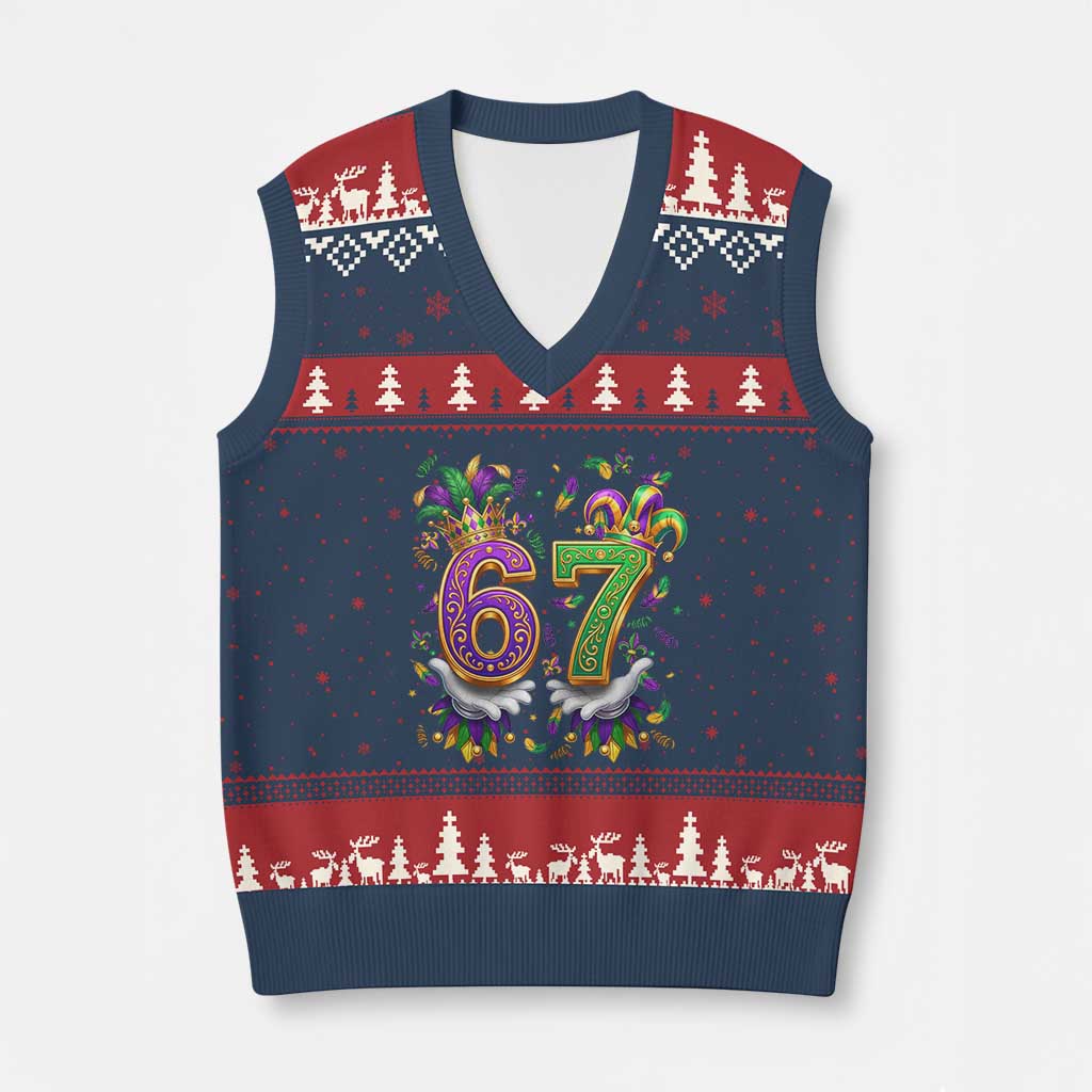 Funny 67 Mardi Gras V-Neck Knit Sweater Vest Six Seven Meme Carnival Hand Gesture TS11 Navy Red Print Your Wear