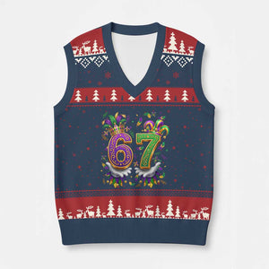 Funny 67 Mardi Gras V-Neck Knit Sweater Vest Six Seven Meme Carnival Hand Gesture TS11 Navy Red Print Your Wear