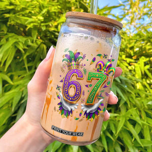 Funny 67 Mardi Gras Glass Can Six Seven Meme Carnival Hand Gesture TS11 Black Print Your Wear