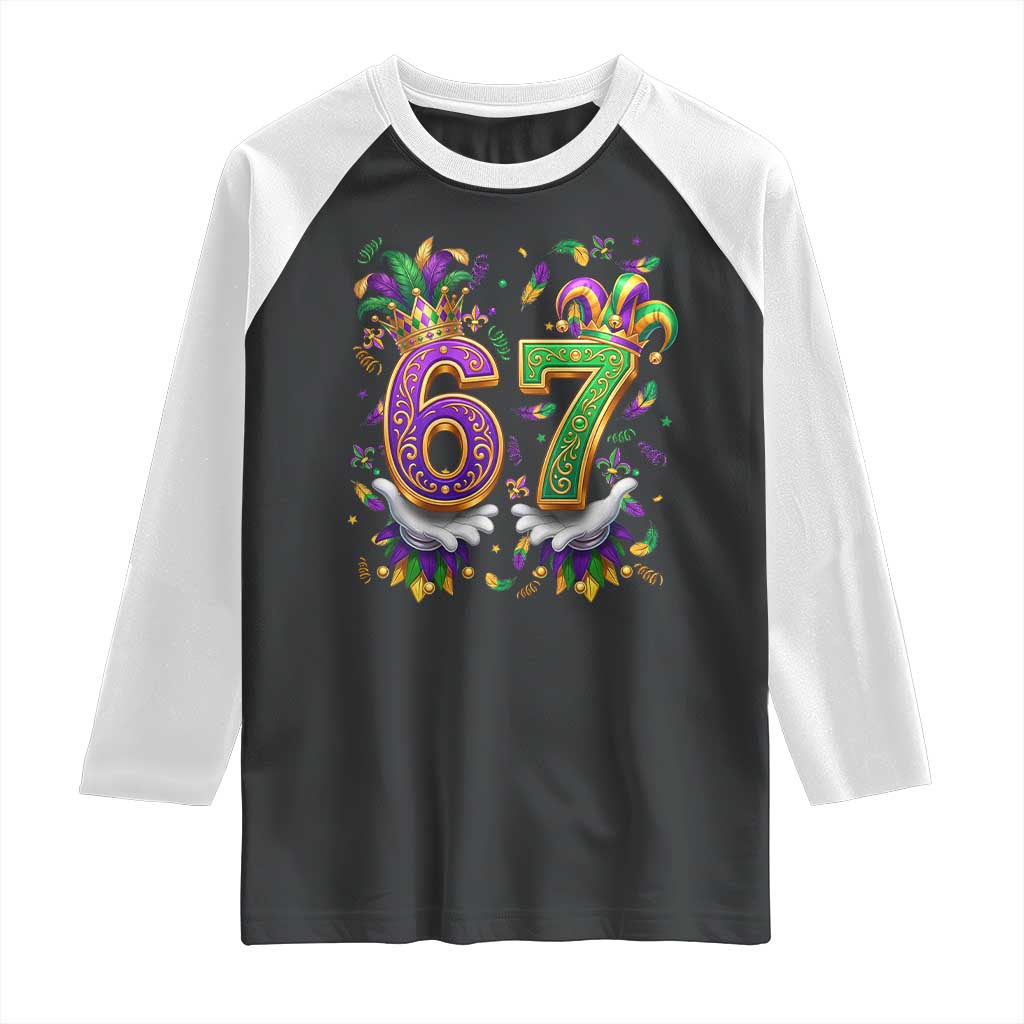 Funny 67 Mardi Gras Raglan Shirt Six Seven Meme Carnival Hand Gesture TS11 Black White Print Your Wear