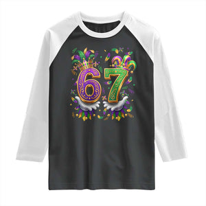 Funny 67 Mardi Gras Raglan Shirt Six Seven Meme Carnival Hand Gesture TS11 Black White Print Your Wear