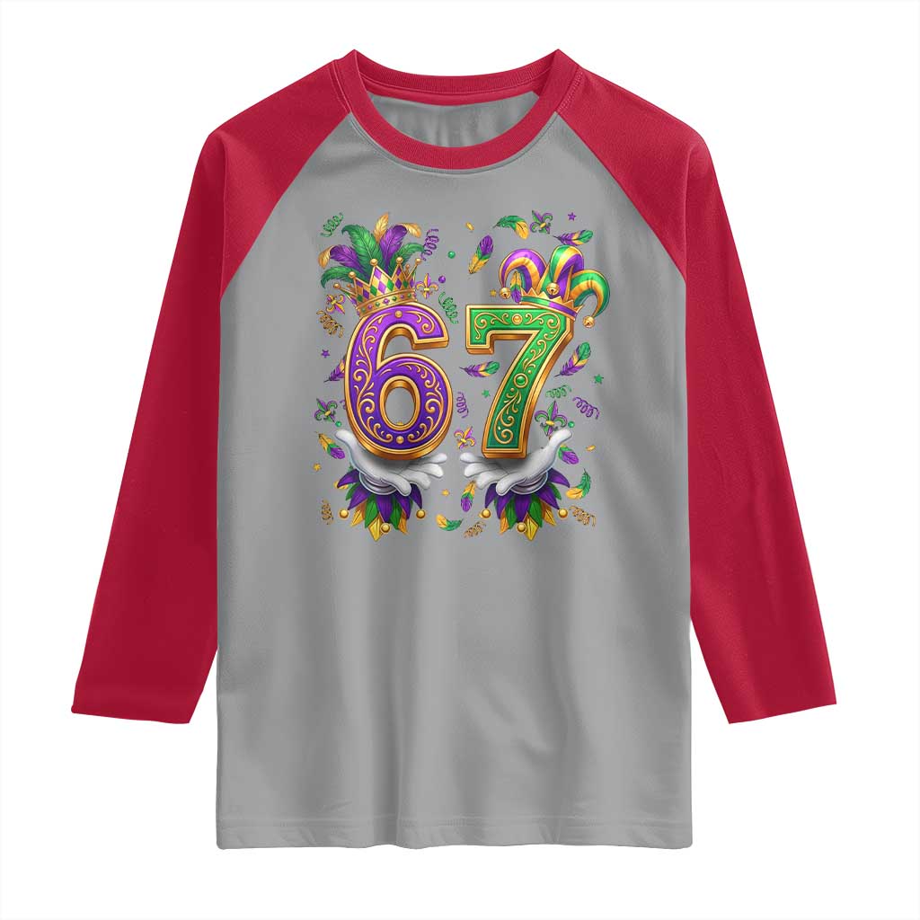 Funny 67 Mardi Gras Raglan Shirt Six Seven Meme Carnival Hand Gesture TS11 Sport Gray Red Print Your Wear