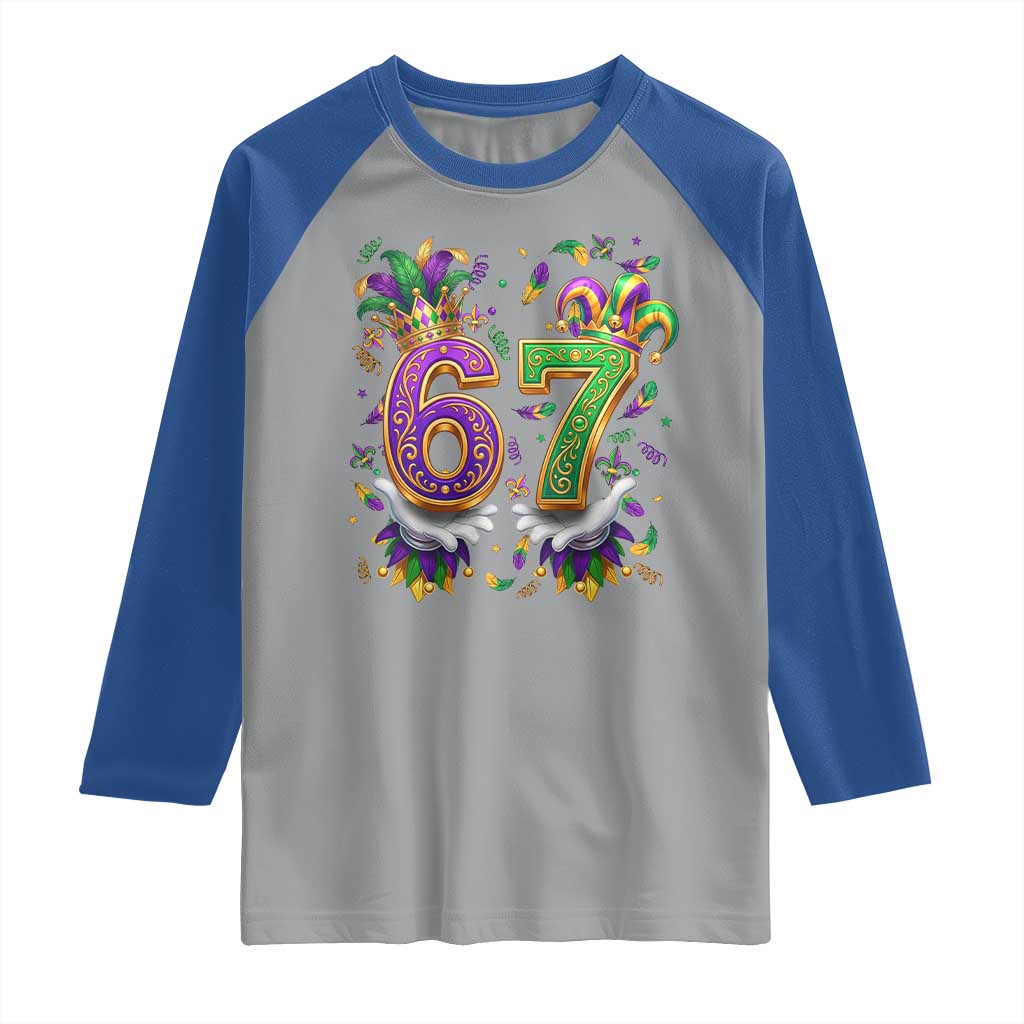 Funny 67 Mardi Gras Raglan Shirt Six Seven Meme Carnival Hand Gesture TS11 Sport Gray Royal Print Your Wear