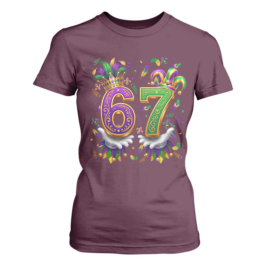 Funny 67 Mardi Gras T Shirt For Women Six Seven Meme Carnival Hand Gesture TS11 Maroon Print Your Wear