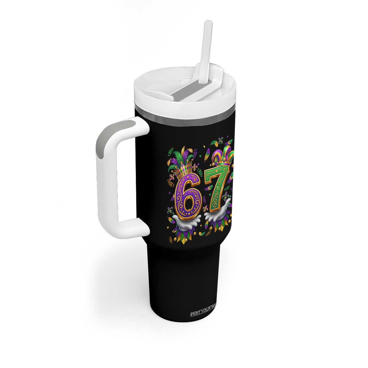 Funny 67 Mardi Gras Tumbler With Handle Six Seven Meme Carnival Hand Gesture TS11 Print Your Wear