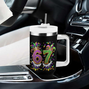 Funny 67 Mardi Gras Tumbler With Handle Six Seven Meme Carnival Hand Gesture TS11 Print Your Wear