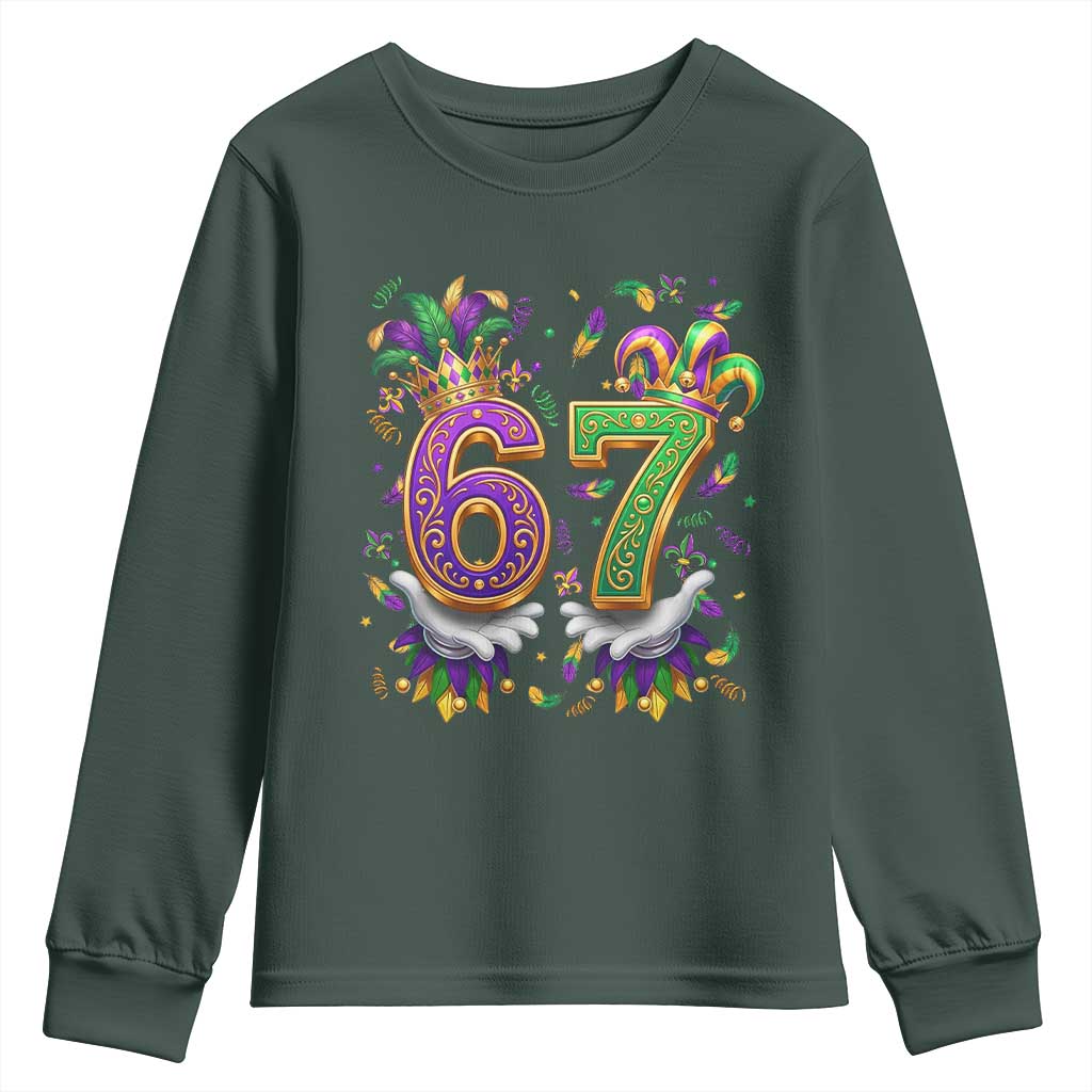 Funny 67 Mardi Gras Youth Sweatshirt Six Seven Meme Carnival Hand Gesture TS11 Dark Forest Green Print Your Wear