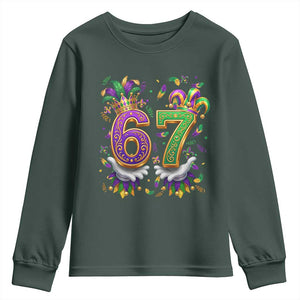 Funny 67 Mardi Gras Youth Sweatshirt Six Seven Meme Carnival Hand Gesture TS11 Dark Forest Green Print Your Wear
