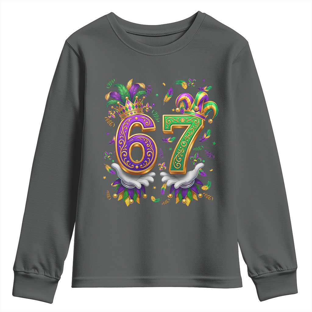 Funny 67 Mardi Gras Youth Sweatshirt Six Seven Meme Carnival Hand Gesture TS11 Dark Heather Print Your Wear