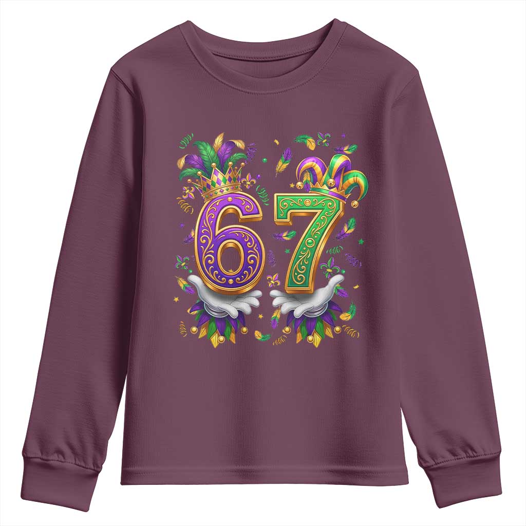 Funny 67 Mardi Gras Youth Sweatshirt Six Seven Meme Carnival Hand Gesture TS11 Maroon Print Your Wear