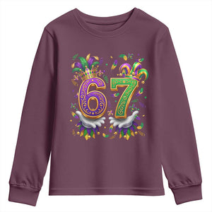 Funny 67 Mardi Gras Youth Sweatshirt Six Seven Meme Carnival Hand Gesture TS11 Maroon Print Your Wear