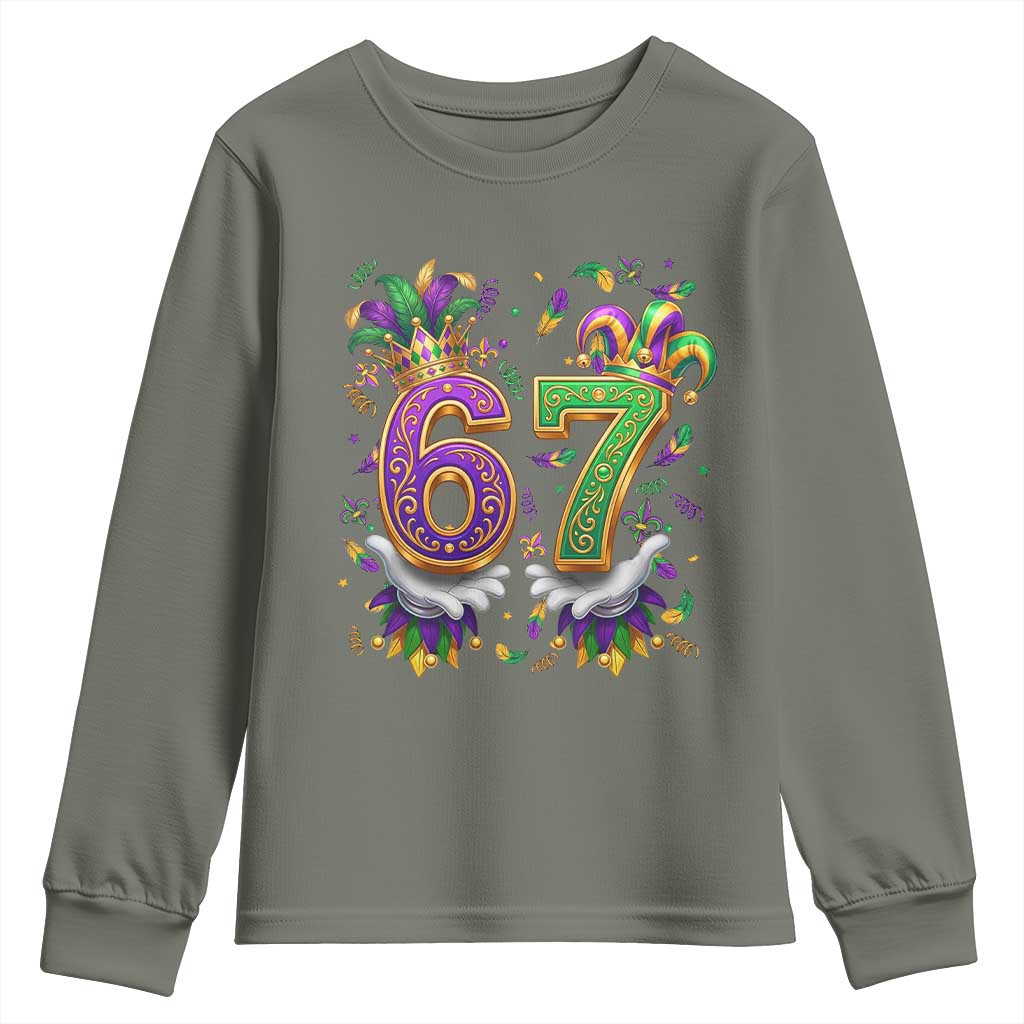Funny 67 Mardi Gras Youth Sweatshirt Six Seven Meme Carnival Hand Gesture TS11 Military Green Print Your Wear