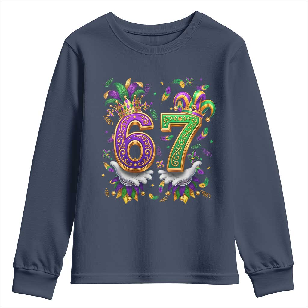 Funny 67 Mardi Gras Youth Sweatshirt Six Seven Meme Carnival Hand Gesture TS11 Navy Print Your Wear