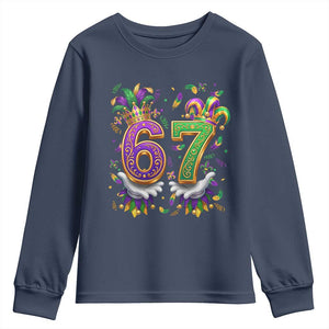 Funny 67 Mardi Gras Youth Sweatshirt Six Seven Meme Carnival Hand Gesture TS11 Navy Print Your Wear