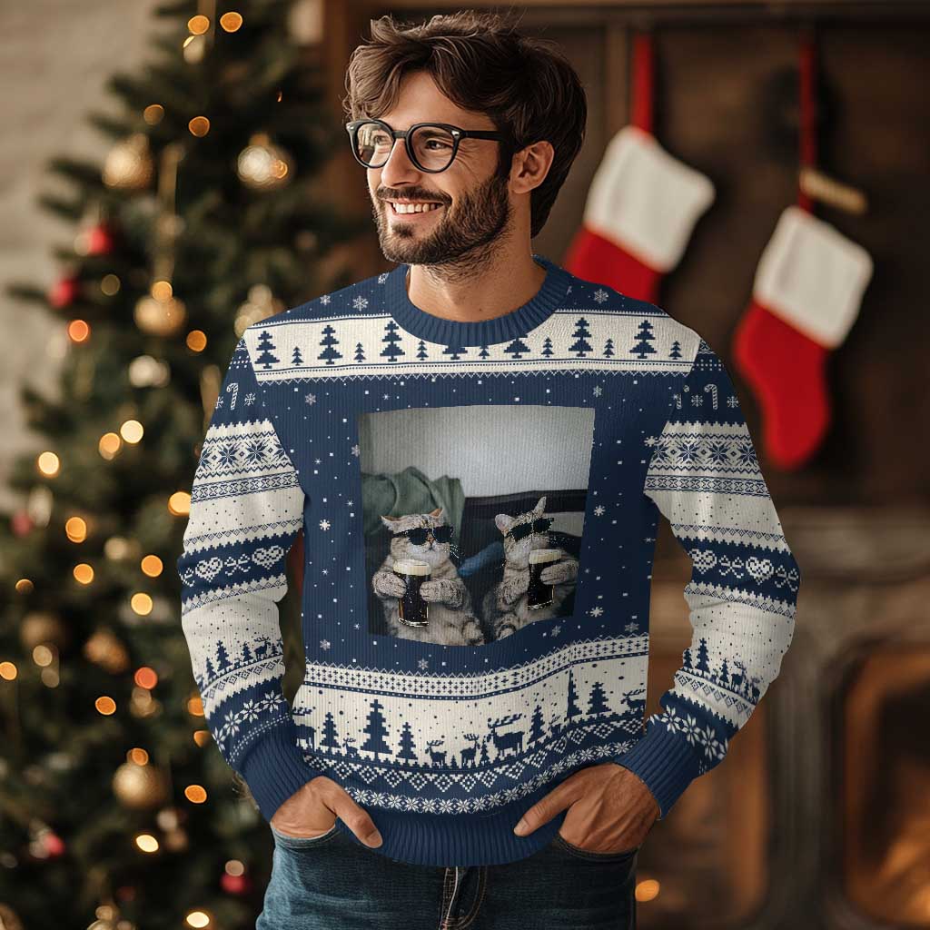 Funny Cat Drinking Irish Stout Beer Ugly Christmas Sweater Black Beer and Cat Lovers TS11 Navy Beige Print Your Wear