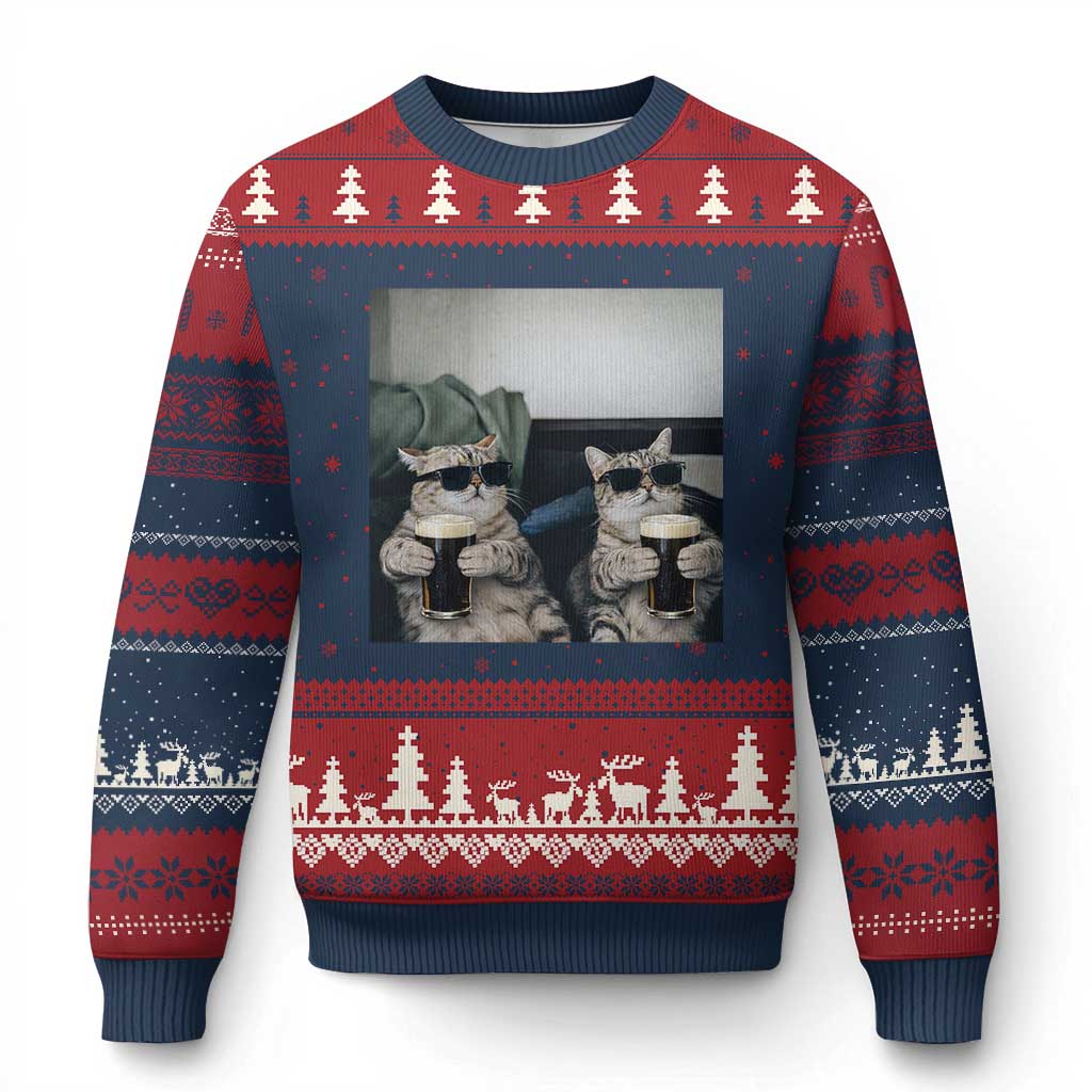 Funny Cat Drinking Irish Stout Beer Ugly Christmas Sweater Black Beer and Cat Lovers TS11 Navy Red Print Your Wear