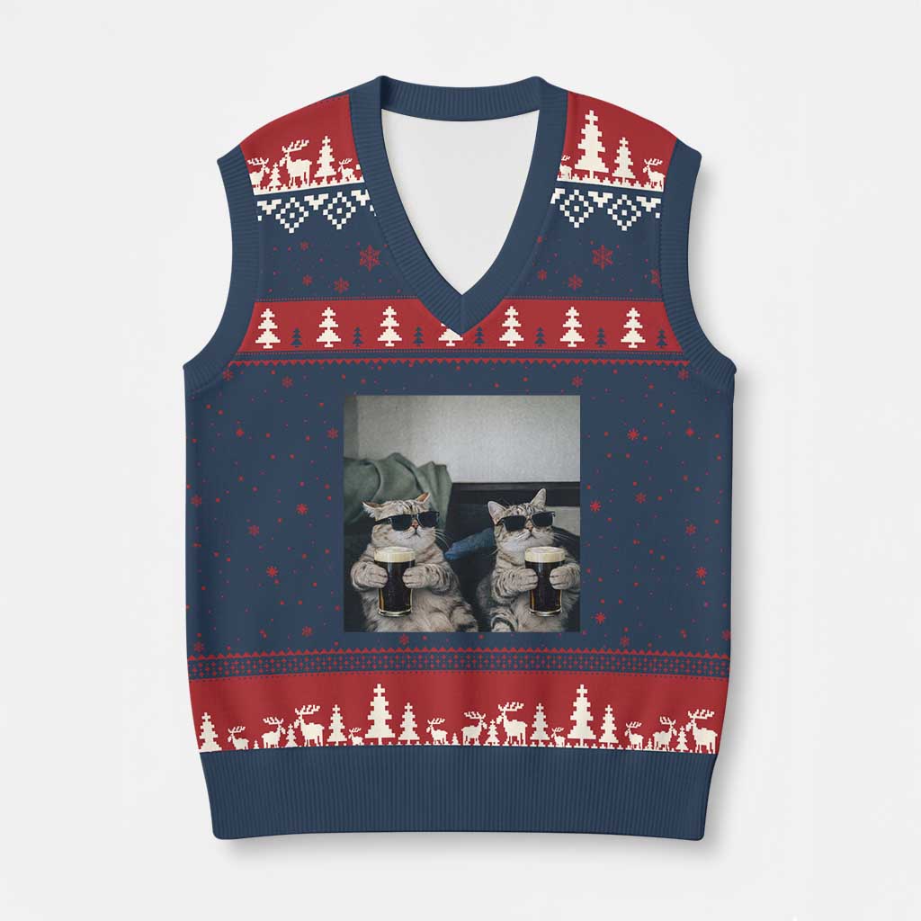Funny Cat Drinking Irish Stout Beer V-Neck Knit Sweater Vest Black Beer and Cat Lovers TS11 Navy Red Print Your Wear