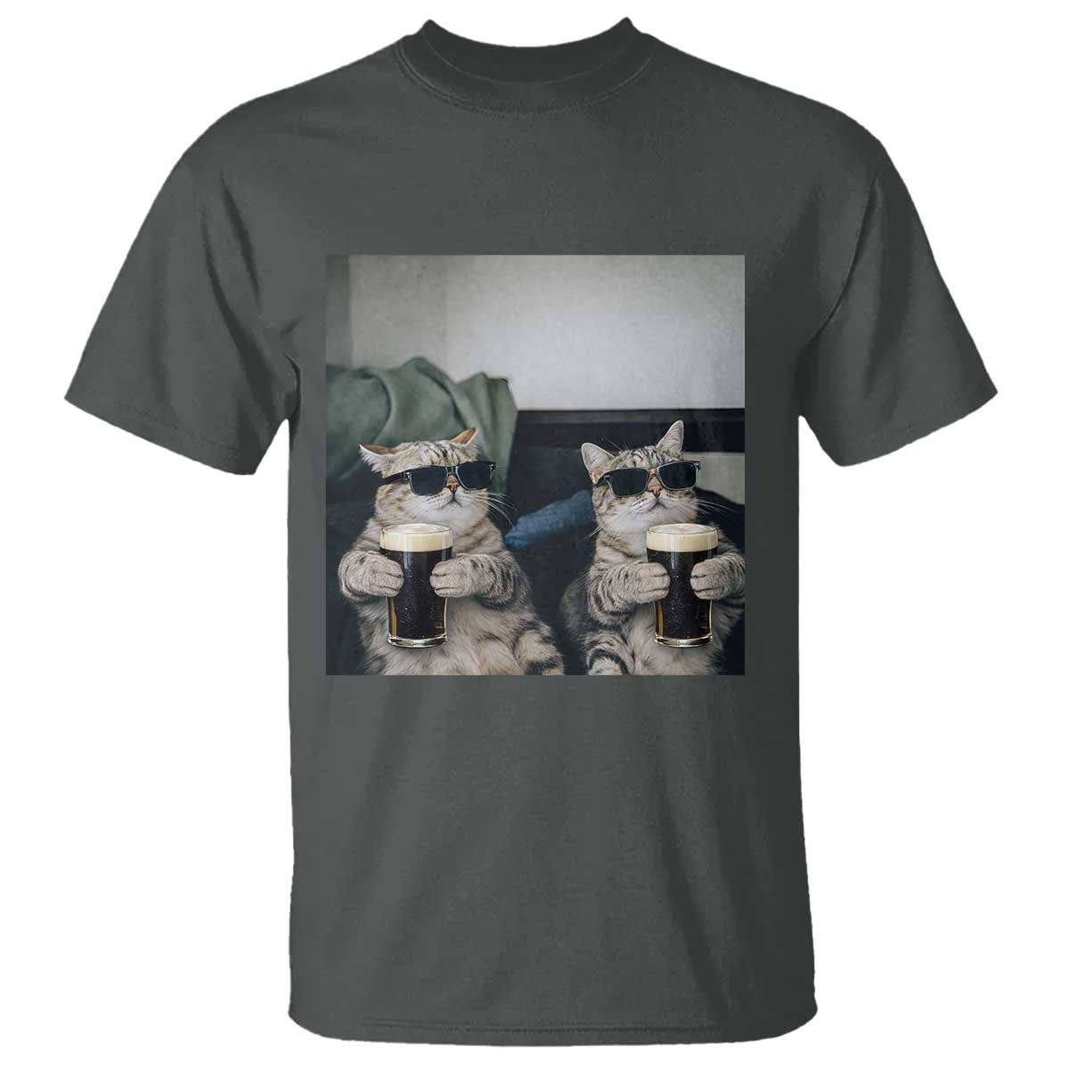 Funny Cat Drinking Irish Stout Beer T Shirt Black Beer and Cat Lovers TS11 Dark Heather Print Your Wear