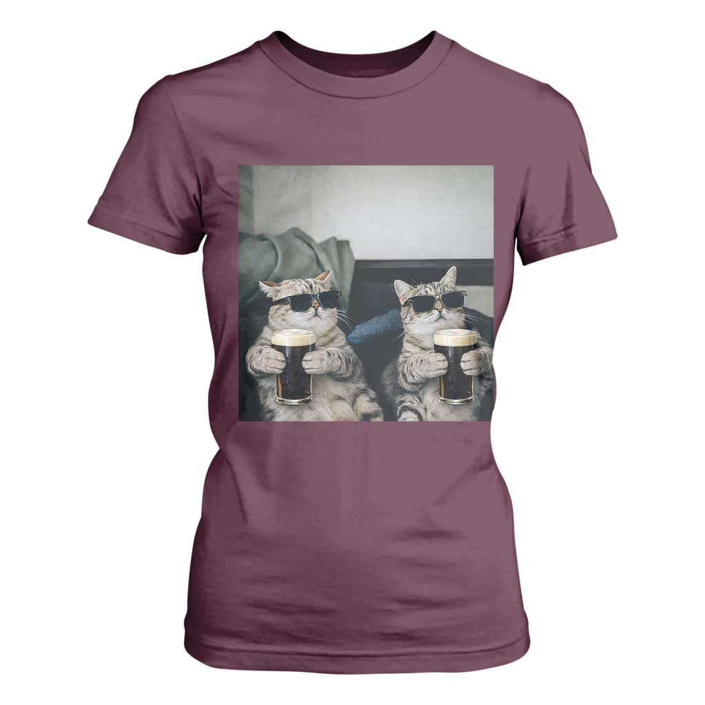 Funny Cat Drinking Irish Stout Beer T Shirt For Women Black Beer and Cat Lovers TS11 Maroon Print Your Wear
