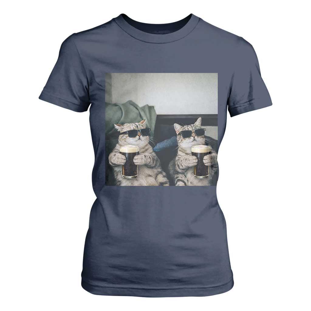 Funny Cat Drinking Irish Stout Beer T Shirt For Women Black Beer and Cat Lovers TS11 Navy Print Your Wear