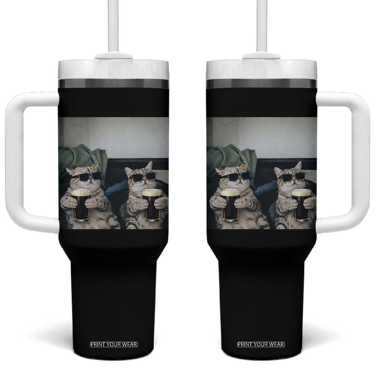 Funny Cat Drinking Irish Stout Beer Tumbler With Handle Black Beer and Cat Lovers TS11 One Size: 40 oz Black Print Your Wear