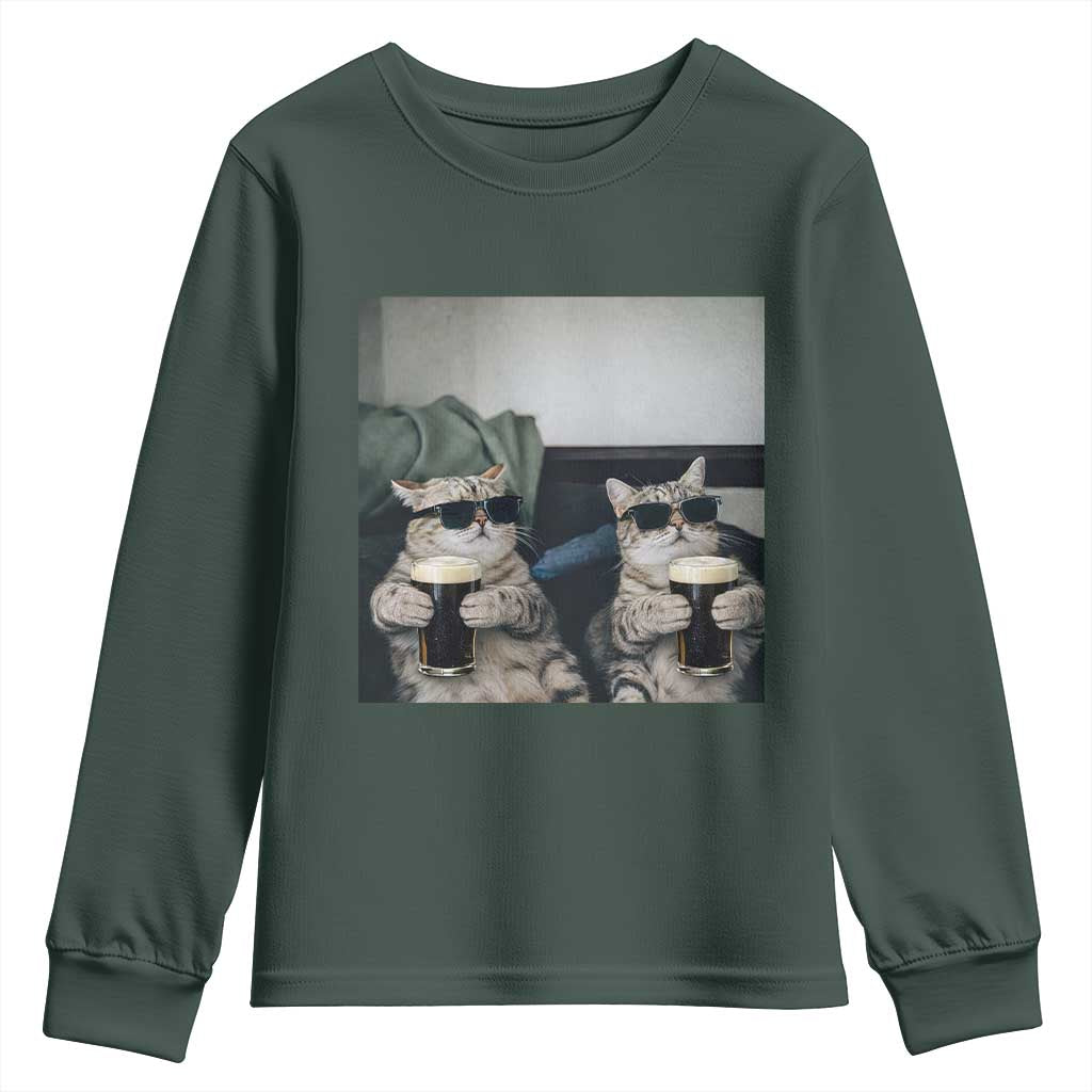 Funny Cat Drinking Irish Stout Beer Youth Sweatshirt Black Beer and Cat Lovers TS11 Dark Forest Green Print Your Wear