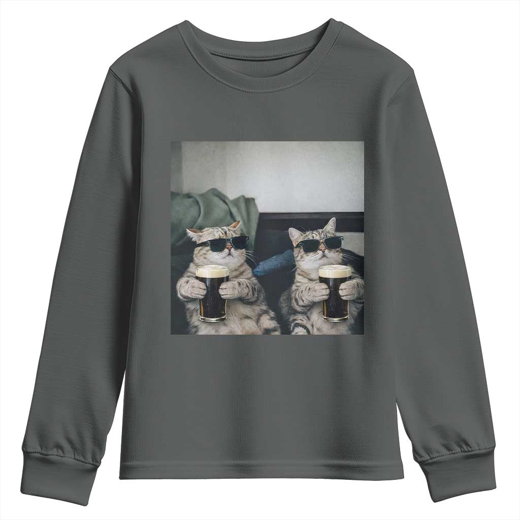 Funny Cat Drinking Irish Stout Beer Youth Sweatshirt Black Beer and Cat Lovers TS11 Dark Heather Print Your Wear