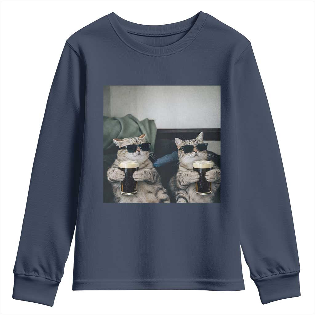 Funny Cat Drinking Irish Stout Beer Youth Sweatshirt Black Beer and Cat Lovers TS11 Navy Print Your Wear