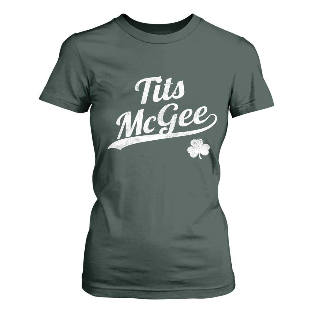 Tits McGee T Shirt For Women Funny St Patricks Day Adult Humor Shamrocks TS11 Dark Forest Green Print Your Wear