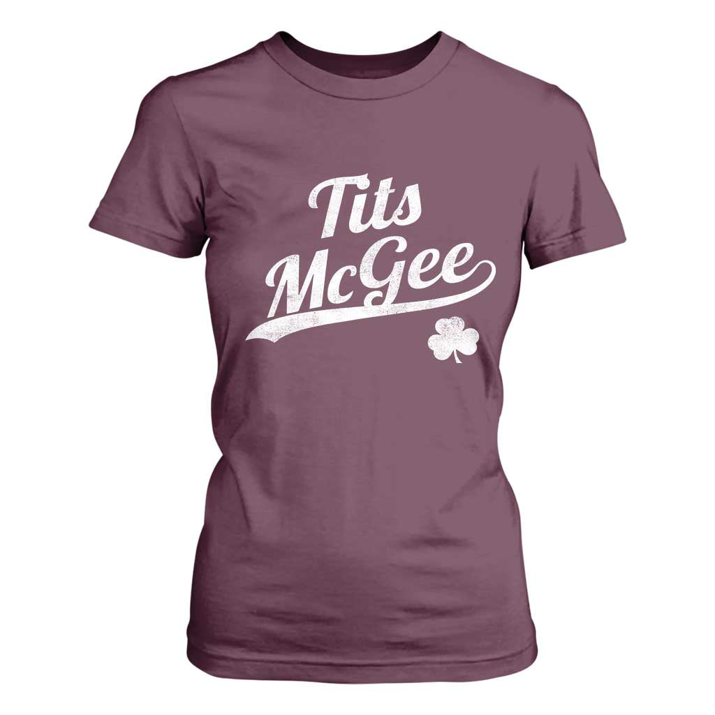 Tits McGee T Shirt For Women Funny St Patricks Day Adult Humor Shamrocks TS11 Maroon Print Your Wear