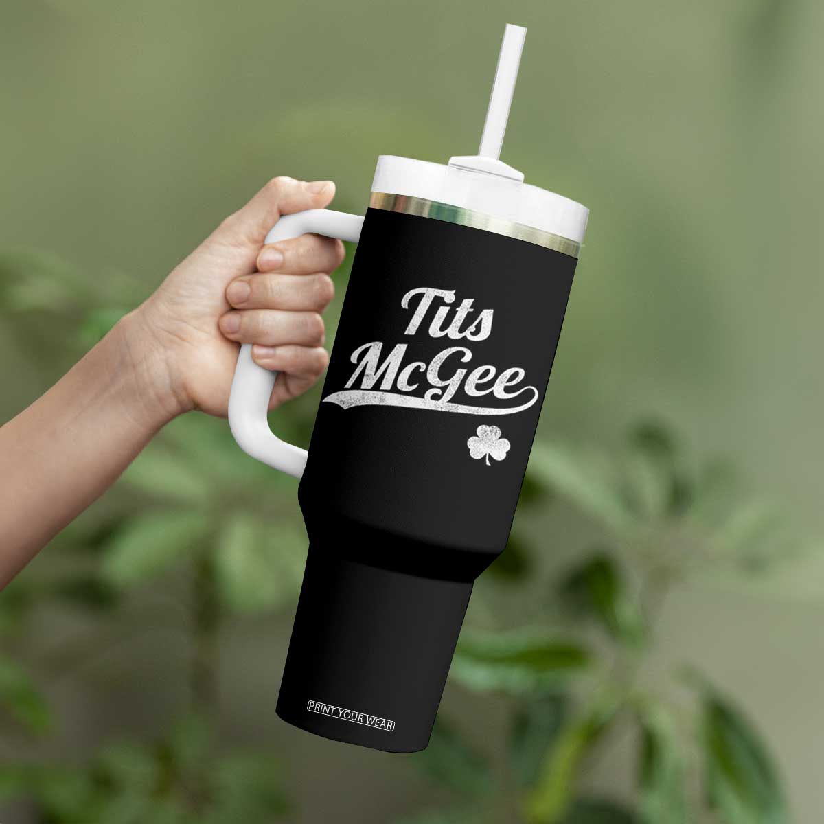 Tits McGee Tumbler With Handle Funny St Patricks Day Adult Humor Shamrocks TS11 Print Your Wear
