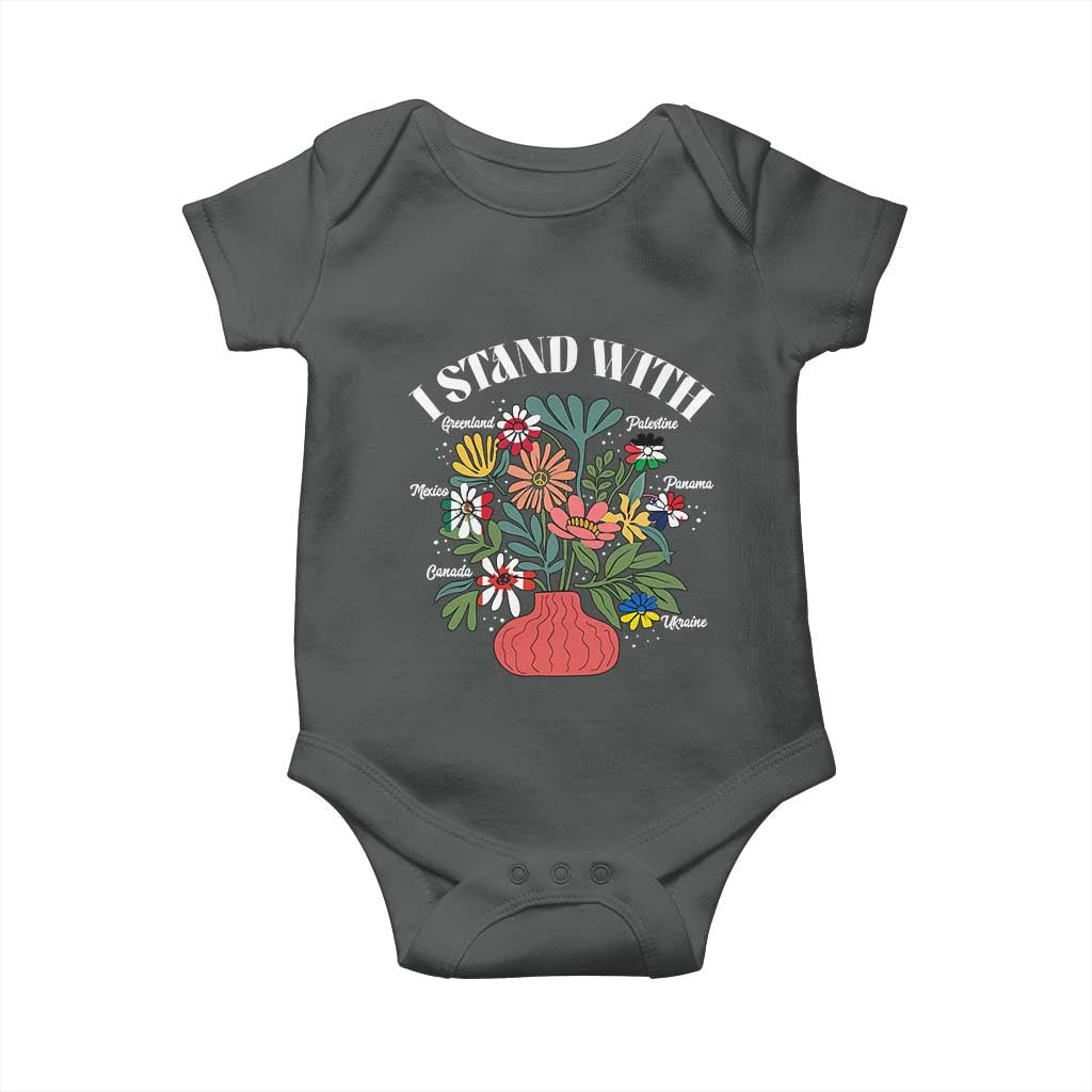 I Stand With Canada Greenland Mexico Panama Gaza Ukraine Baby Onesie Retro Floral TS11 Dark Heather Print Your Wear