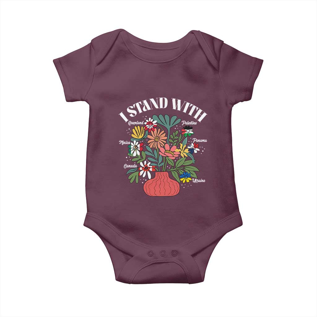 I Stand With Canada Greenland Mexico Panama Gaza Ukraine Baby Onesie Retro Floral TS11 Maroon Print Your Wear