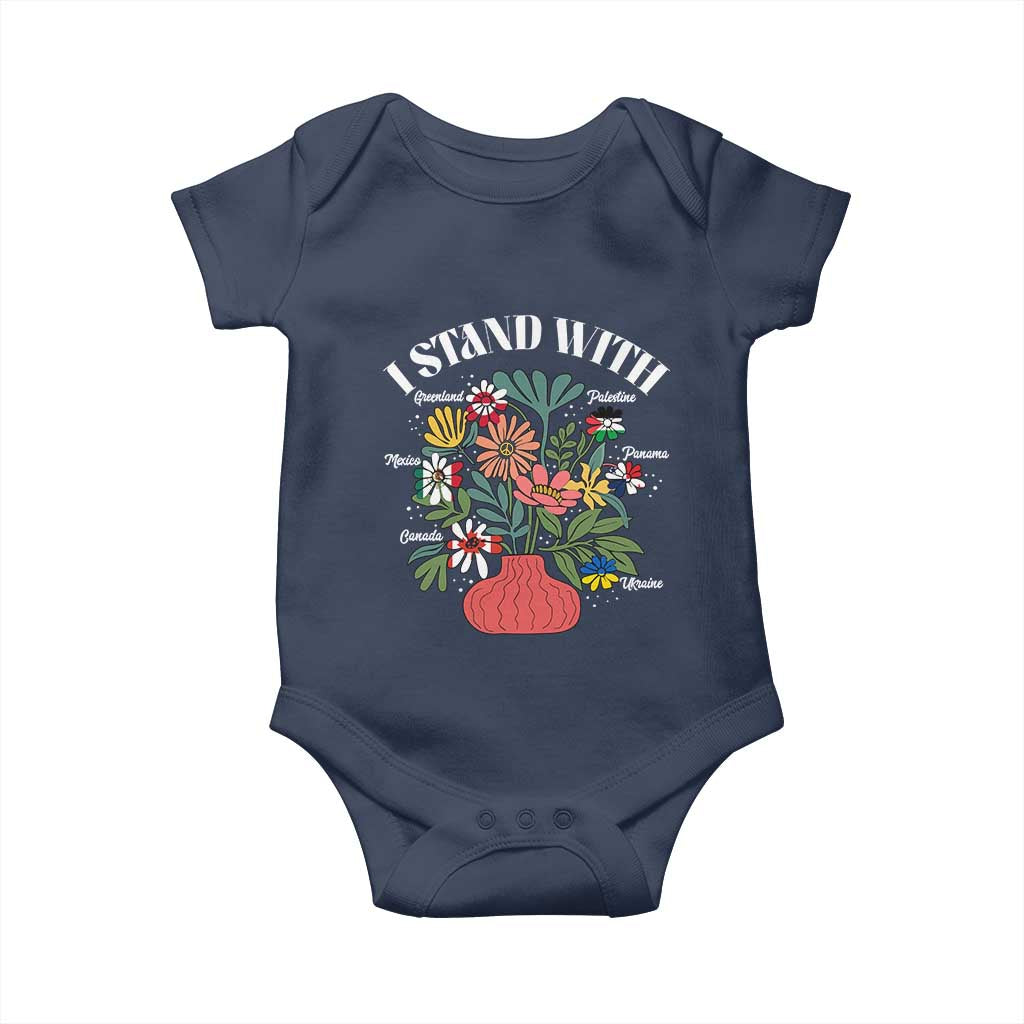 I Stand With Canada Greenland Mexico Panama Gaza Ukraine Baby Onesie Retro Floral TS11 Navy Print Your Wear